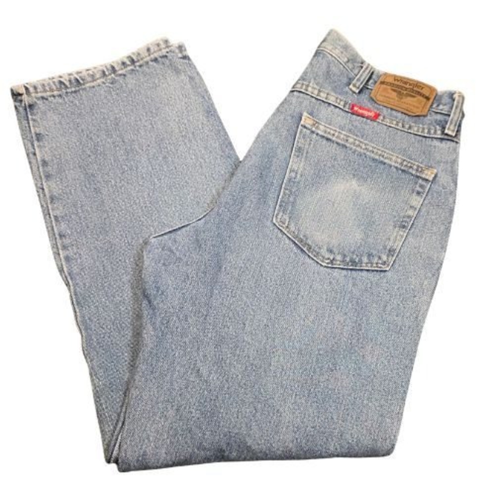 Wrangler Cowboy Cut Light Wash Straight Leg Jeans Mens 35x30 Work Distressed